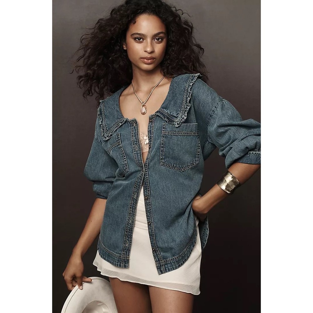 Pilcro Anthropologie Ruffle Collar Denim Button Down Shirt Blue‎ Small